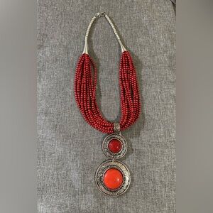 Red Multi strand Beaded Necklace with Silver Accents